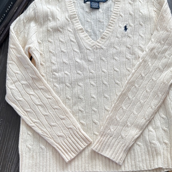 Ralph Lauren Ivory V-Neck Cable Knit Sweater - Picture 8 of 13